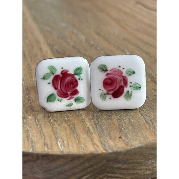 Vintage Hand-Painted Floral Porcelain Cufflinks, White Pink Green - Picture 2 of 6